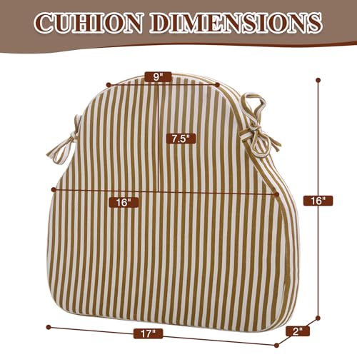 PRONOUS Brown Striped Winsor Chair Cushions with Ties, Dining Kitchen Chair Seat Pads Non Slip Removable Washable Cover 17"x16" Set of 2 - Image 2