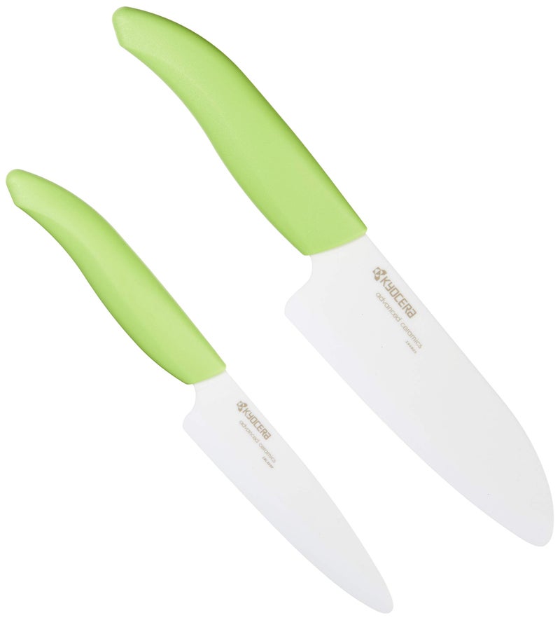 KYOCERA Revolution 2-Piece Ceramic Knife Set: Chef Knife For Your Cooking Needs, 5.5" Santoku and 4.5" Utility Knife, White Blades with Green Handles, White/Green - Image 1