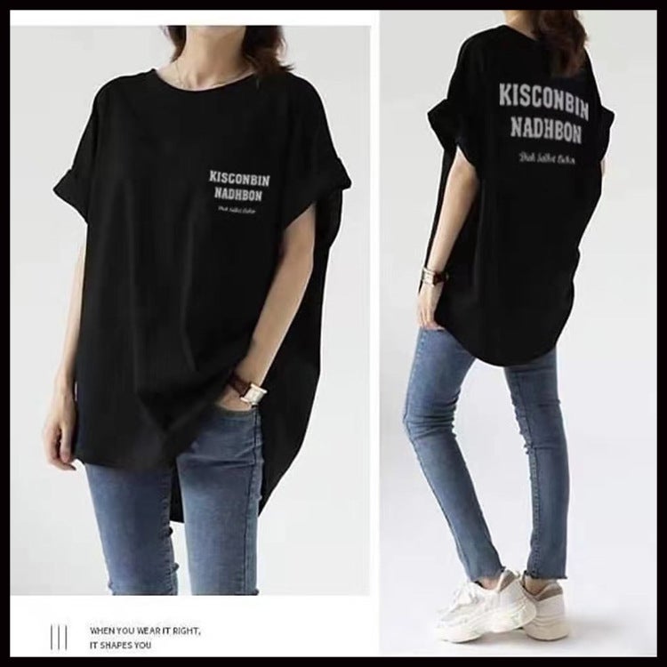 Cross-border in stock Japan and South Korea Summer Printed Short-sleeved T-shirt Women's Loose plus size Lazy Style Top Long T-shirt Base Shirt - Image 5