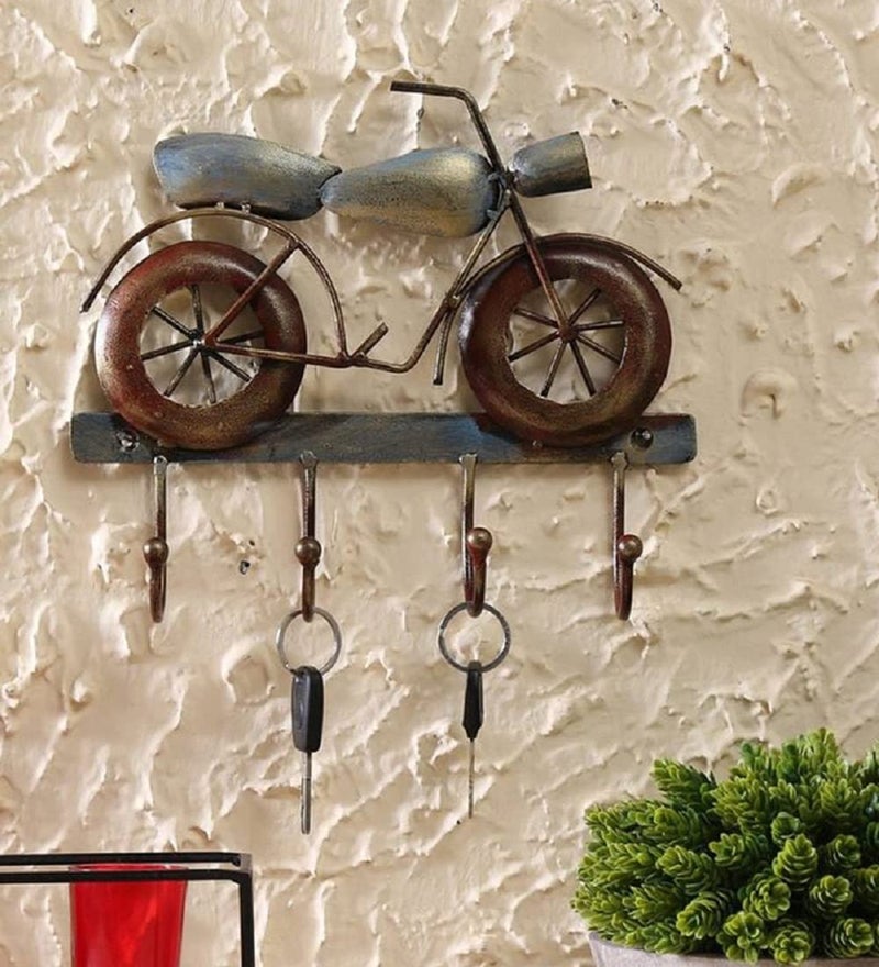 World Decor World Decor Iron Brown Bike 4 Hooks for Cloths Mask and Other Essential Hanger Metal AbstractWall SculpturesWall hangingWall art for home decorationLiving RoomofficecafeBedroom14x03x10 in - Image 1