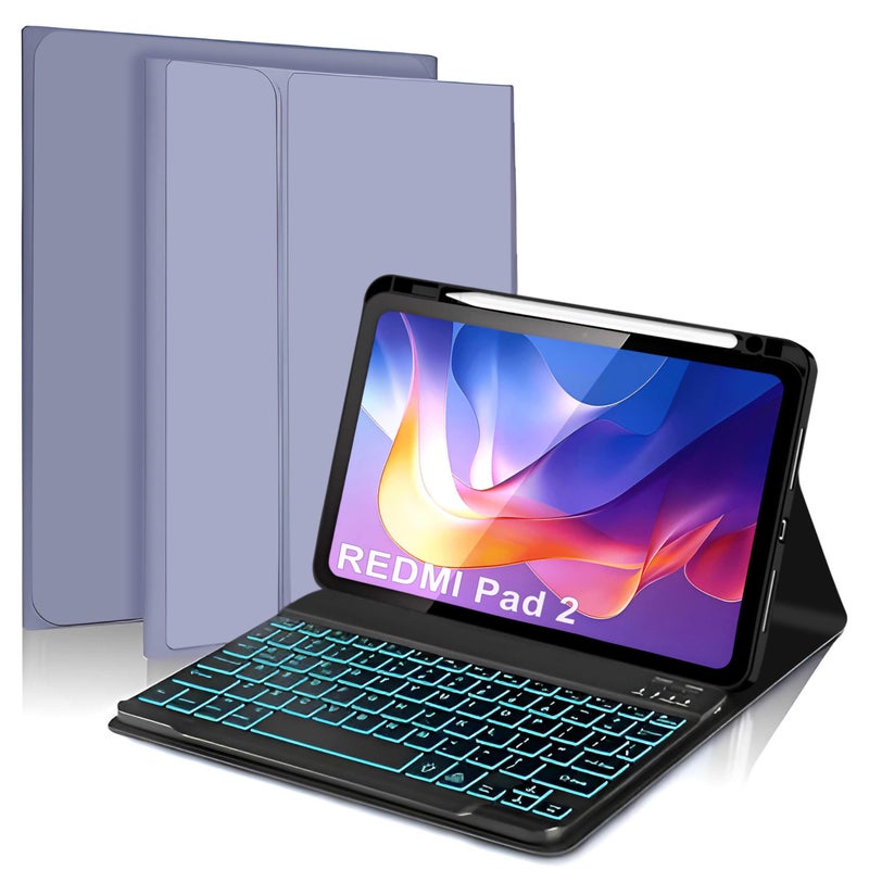 ProElite Keyboard case for Xiaomi Redmi Pad 2 11 inch, Magnetic Detachable Wireless Bluetooth Keyboard Built-in 7-Colors Backlit with Pen Holder, Lavender - Image 1