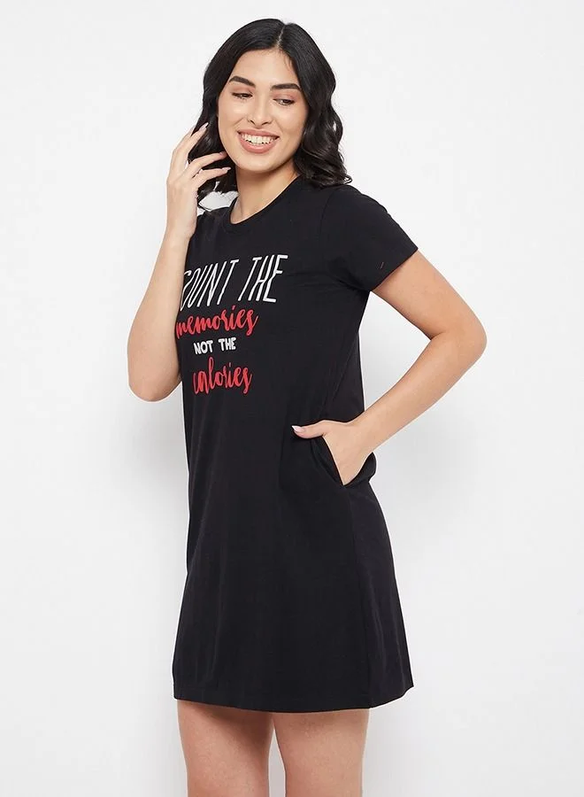 كلوفيا Clovia Text Print Short Night Dress in Black - 100% Cotton