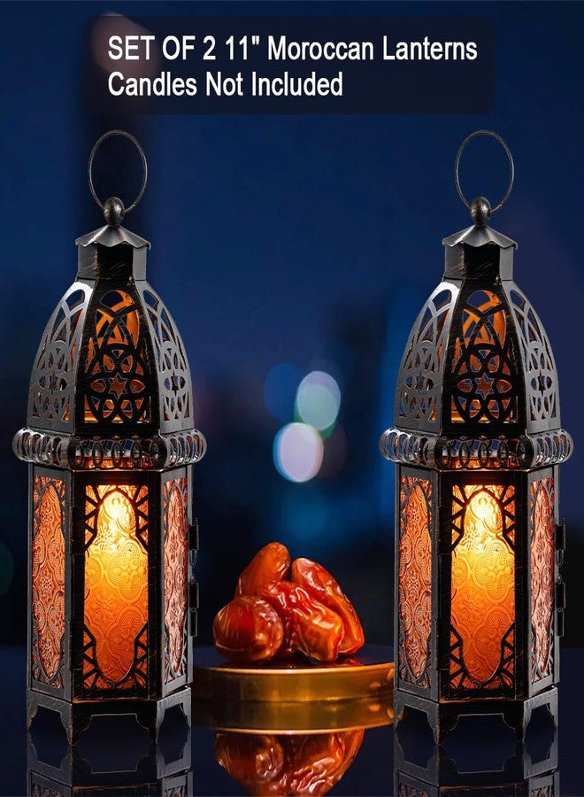 NEEDOMO Set of 2 Moroccan Lanterns Decorative Indoor & Outdoor, Hanging Candle Lantern, 11'' Vintage Candle Holder, Metal Lanterns Decorative, Table, Patio, Porch, Shelf, Gothic Home Decor (Amber) - Image 2
