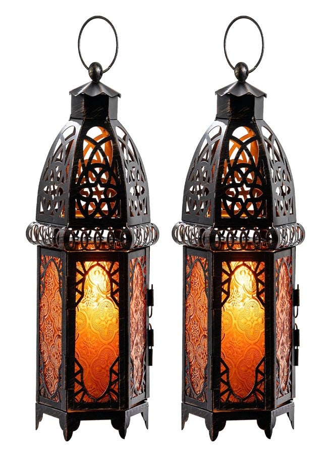 NEEDOMO Set of 2 Moroccan Lanterns Decorative Indoor & Outdoor, Hanging Candle Lantern, 11'' Vintage Candle Holder, Metal Lanterns Decorative, Table, Patio, Porch, Shelf, Gothic Home Decor (Amber) - Image 1