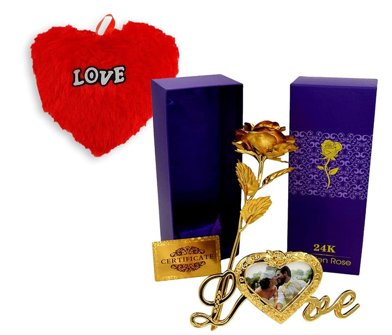INTERNATIONAL GIFT INTERNATIONAL GIFT Golden Rose Flower 25 cm with Photo Frame Love Stand with Luxury Box and Carry Bag with Emoji Heart Smiley PillowCushions