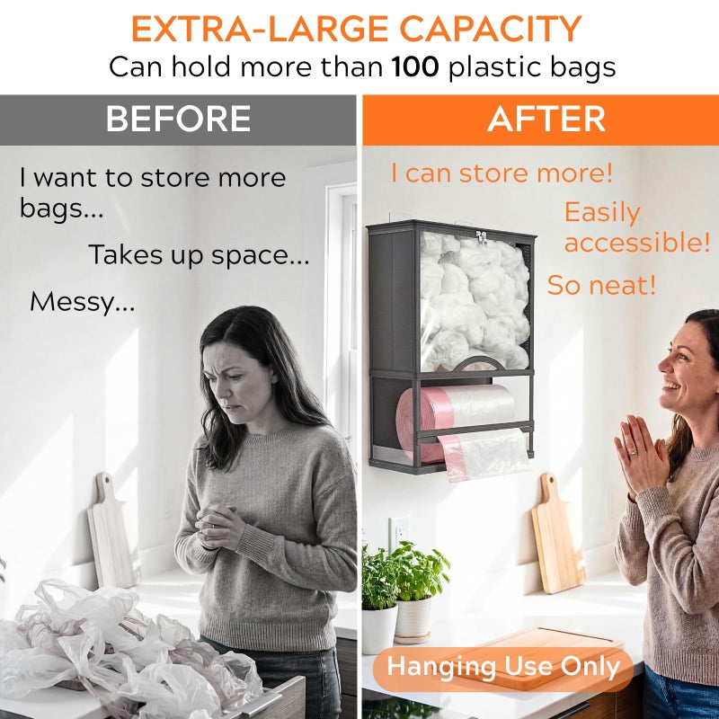 Ofiray-home Fabric Plastic Bag Holder - Extra Large 2 in 1 Grocery Bag Holder with Trash Roll Dispenser, Space-Saving Wall Mounted Trash Bag Dispenser Kitchen Organizer, Gray - Image 2