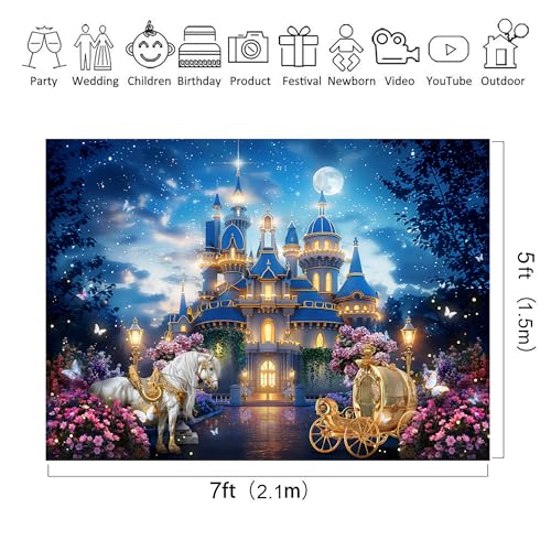 Riyidecor Princess Castle Backdrop Polyester Fabric Garden Floral Starry Night Horse Carriage 7Wx5H Feet Fairy Tale Wonderland Photography Background Bridal Shower Wedding Birthday Photo Studio Shoot - Image 3