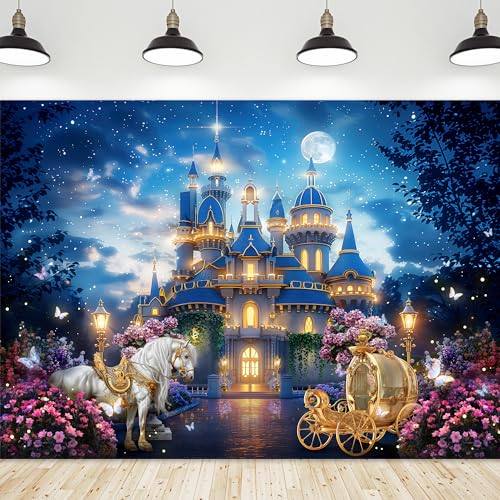 Riyidecor Princess Castle Backdrop Polyester Fabric Garden Floral Starry Night Horse Carriage 7Wx5H Feet Fairy Tale Wonderland Photography Background Bridal Shower Wedding Birthday Photo Studio Shoot - Image 1