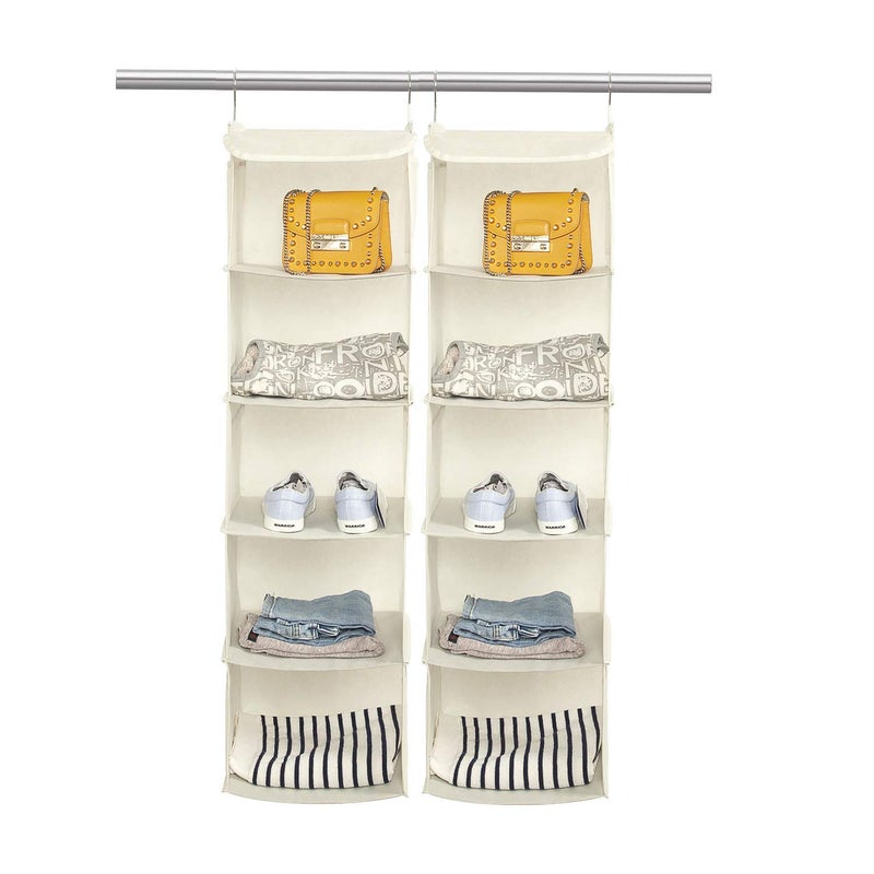 BrilliantJo 2 PCS Hanging Wardrobe Closet Storage with 5 Shelves Organiser Storage Shelves Unit with 6 Pockets for Clothes Beige12 x 12 x 43 inch