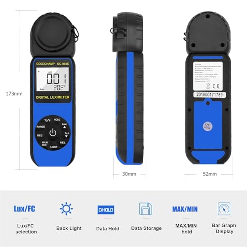 GOLDCHAMP Digital Light Meter, Luxmeter Illuminance Light Meter Measure Lights 0.01~400,000 Lux (0.01~40,000 FC) Foot Candles Luxmeter with 270º Rotated Sensor for Plants LED Lights Indoor Outdoor Light Tester - Image 3