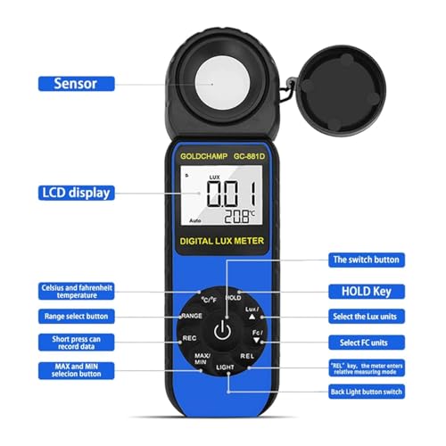 GOLDCHAMP Digital Light Meter, Luxmeter Illuminance Light Meter Measure Lights 0.01~400,000 Lux (0.01~40,000 FC) Foot Candles Luxmeter with 270º Rotated Sensor for Plants LED Lights Indoor Outdoor Light Tester - Image 4