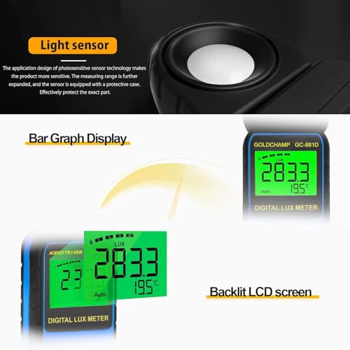 GOLDCHAMP Digital Light Meter, Luxmeter Illuminance Light Meter Measure Lights 0.01~400,000 Lux (0.01~40,000 FC) Foot Candles Luxmeter with 270º Rotated Sensor for Plants LED Lights Indoor Outdoor Light Tester - Image 5