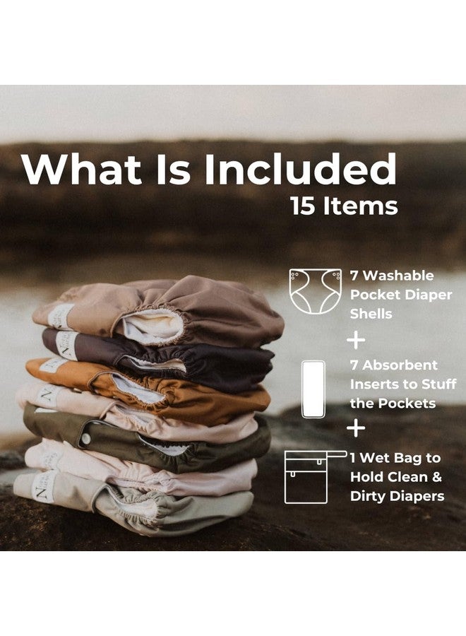 Nora's Nursery Nora's Nursery Cloth Diapers 7 Pack with 7 Inserts & 1 Wet Bag - Waterproof Cover, Washable, Reusable & One Size Adjustable Pocket Diapers for Newborns and Toddlers - Down to Earth  - Image 2
