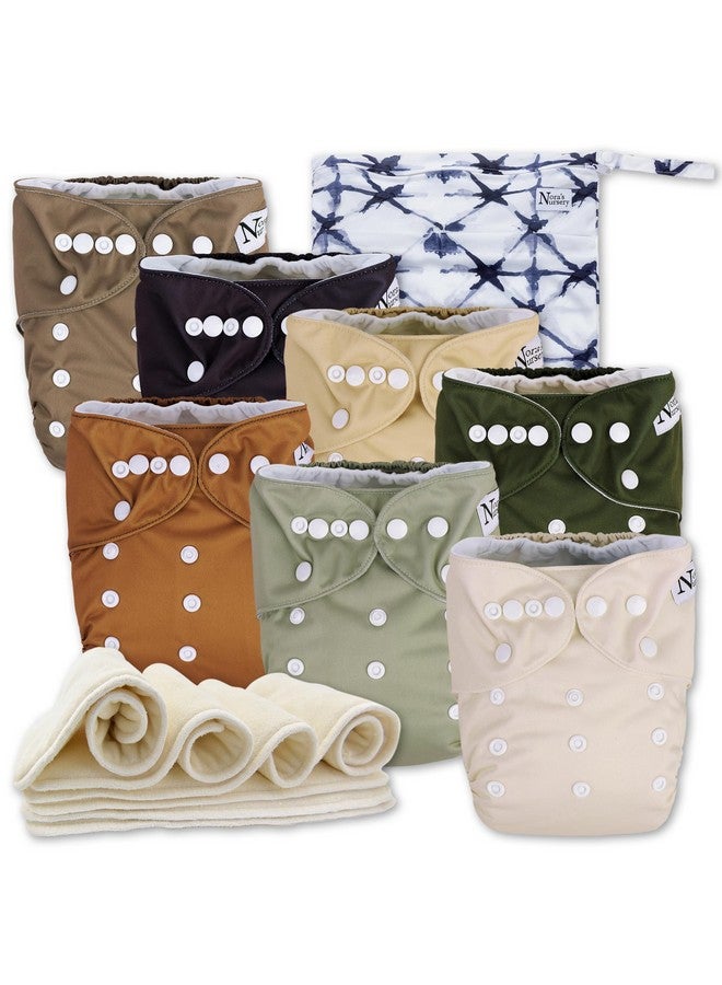 Nora's Nursery Nora's Nursery Cloth Diapers 7 Pack with 7 Inserts & 1 Wet Bag - Waterproof Cover, Washable, Reusable & One Size Adjustable Pocket Diapers for Newborns and Toddlers - Down to Earth  - Image 1