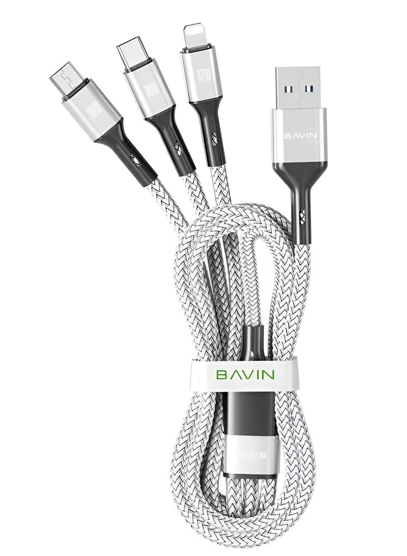 Bavin 3 in 1 Data Cable Fast Charging 3A Nylon Braided Wire Data Transfer Speed ​​Up to 480Mbps Compatible with Type C, Micro and iPhone - Image 1