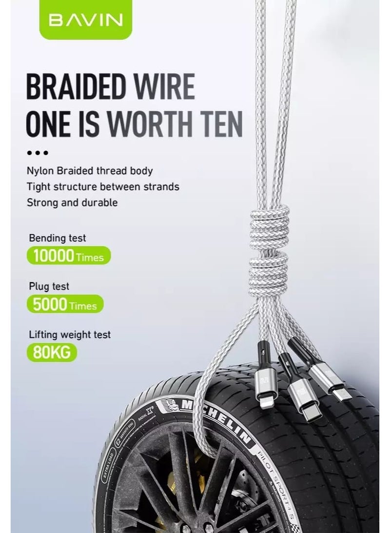 Bavin 3 in 1 Data Cable Fast Charging 3A Nylon Braided Wire Data Transfer Speed ​​Up to 480Mbps Compatible with Type C, Micro and iPhone - Image 5