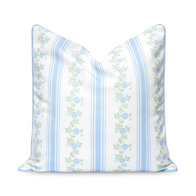 Hofdeco Premium Coastal Patio Indoor Outdoor Throw Pillow Cover Only 20x20 Water Repellent for Backyard Couch Baby Blue Print Stripe Floral - Image 2