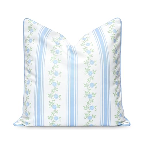 Hofdeco Premium Coastal Patio Indoor Outdoor Throw Pillow Cover Only 20x20 Water Repellent for Backyard Couch Baby Blue Print Stripe Floral - Image 1