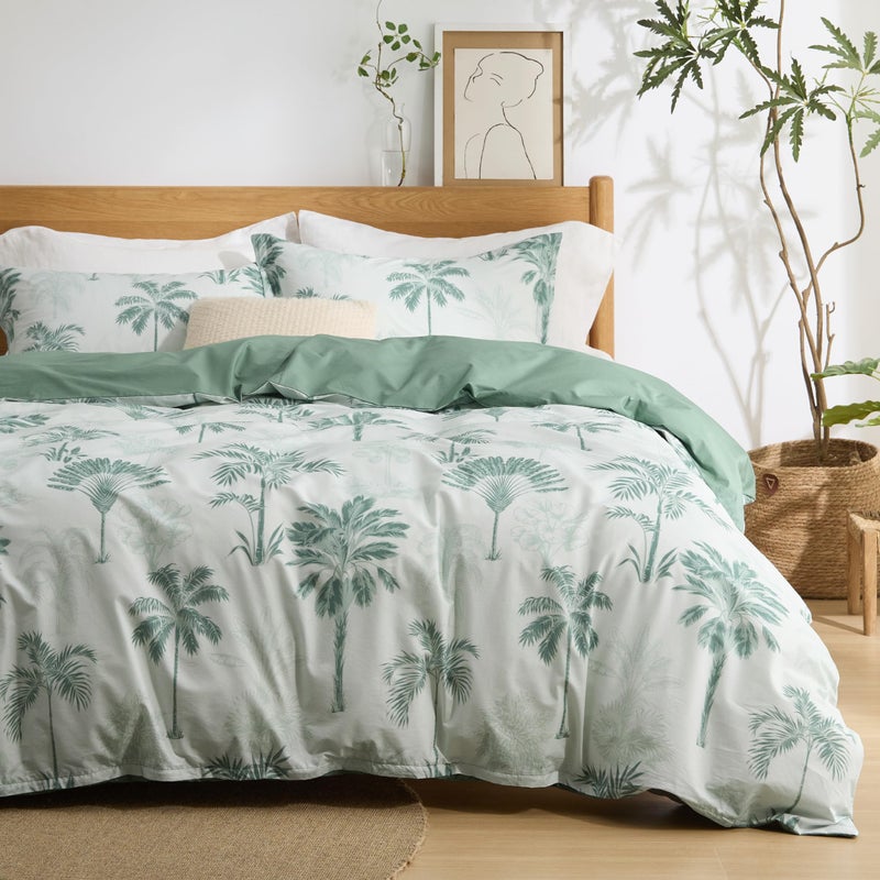 Bedsure 100% Cotton Reversible Floral Queen 3 Pcs Duvet Cover Set with Zipper Closure, Soft & Breathable Green Palm Trees, Includes 1 Duvet Cover (230 cm x 230 cm) with 2 Pillow Shams (50 cm x 66 cm) - Image 1