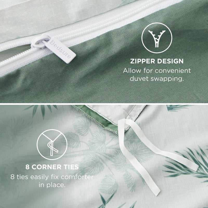 Bedsure 100% Cotton Reversible Floral Queen 3 Pcs Duvet Cover Set with Zipper Closure, Soft & Breathable Green Palm Trees, Includes 1 Duvet Cover (230 cm x 230 cm) with 2 Pillow Shams (50 cm x 66 cm) - Image 4