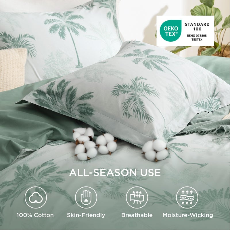 Bedsure 100% Cotton Reversible Floral Queen 3 Pcs Duvet Cover Set with Zipper Closure, Soft & Breathable Green Palm Trees, Includes 1 Duvet Cover (230 cm x 230 cm) with 2 Pillow Shams (50 cm x 66 cm) - Image 2
