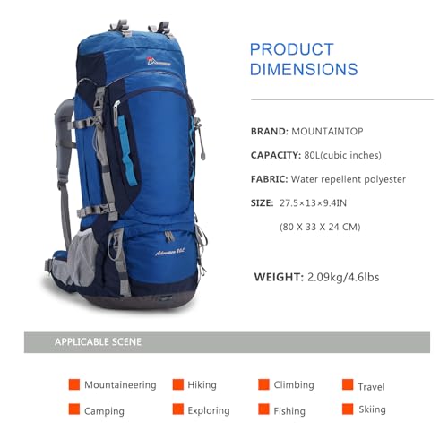 MOUNTAINTOP 80L Internal Frame Backpack for Man & Women Backpacking Hiking Backpack with Rain Cover,Blue - Image 2