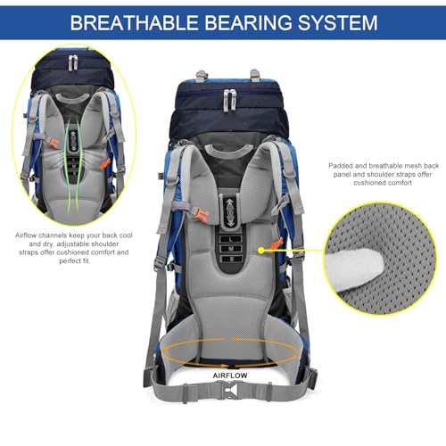 MOUNTAINTOP 80L Internal Frame Backpack for Man & Women Backpacking Hiking Backpack with Rain Cover,Blue - Image 3