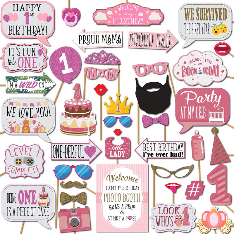1st Birthday Girl Photo Booth Props  41pc Photobooth Kit with 8 x 10Inch Sign 60 Adhesive Pads 45 Sticks  First Birthday Photo Kit