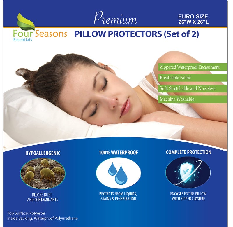 Four Seasons Essentials Euro Size Pillow Protectors (Set of 2) - European Square 26x26 Pillow Covers Waterproof Hypoallergenic Dust Proof Zippered Encasement - Image 2