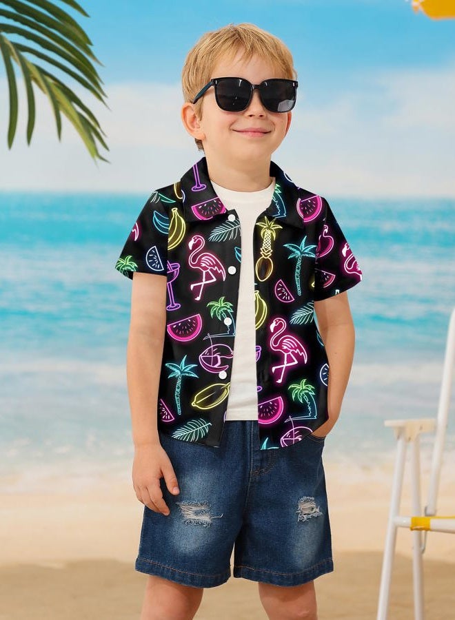 YALLET Boys Hawaiian Shirt Cool Summer Hawaii Shirts Casual Short Sleeve Button Down Aloha Beach Tee Tops 2-10 Years, Black, 9-10 Years - Image 3