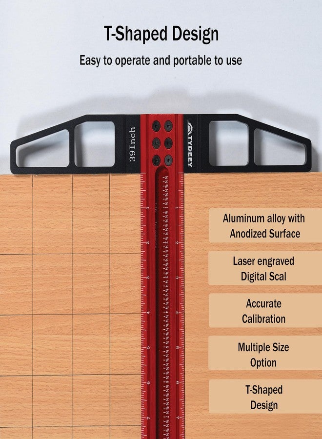 TYDEEY 12, 24, 31, 39 in Precision Ruler Square T-Shaped Woodworking Scriber Measuring Tool, Aluminum Alloy Architect Ruler for Carpenter Work, T Type Wood Layout and Measuring Tools (39 Inch) - Image 5