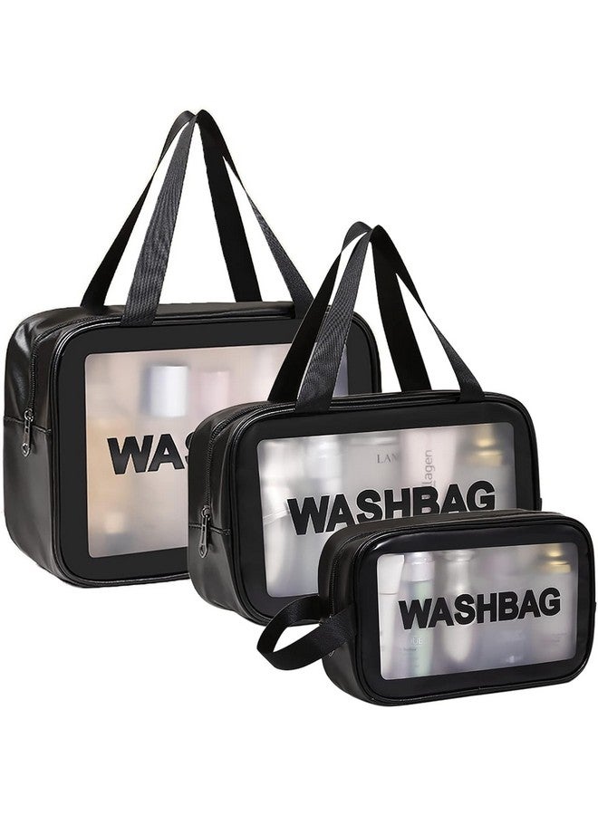 G-KARUNA G Karuna Travel Toiletry Bags for Men and Women, Accessories Wash Bag Pouch - Pack-3 Different Size Make Up Bags with Handle, Large Capacity Translucent Waterproof Travel Cosmetic Bag (Black) - Image 1