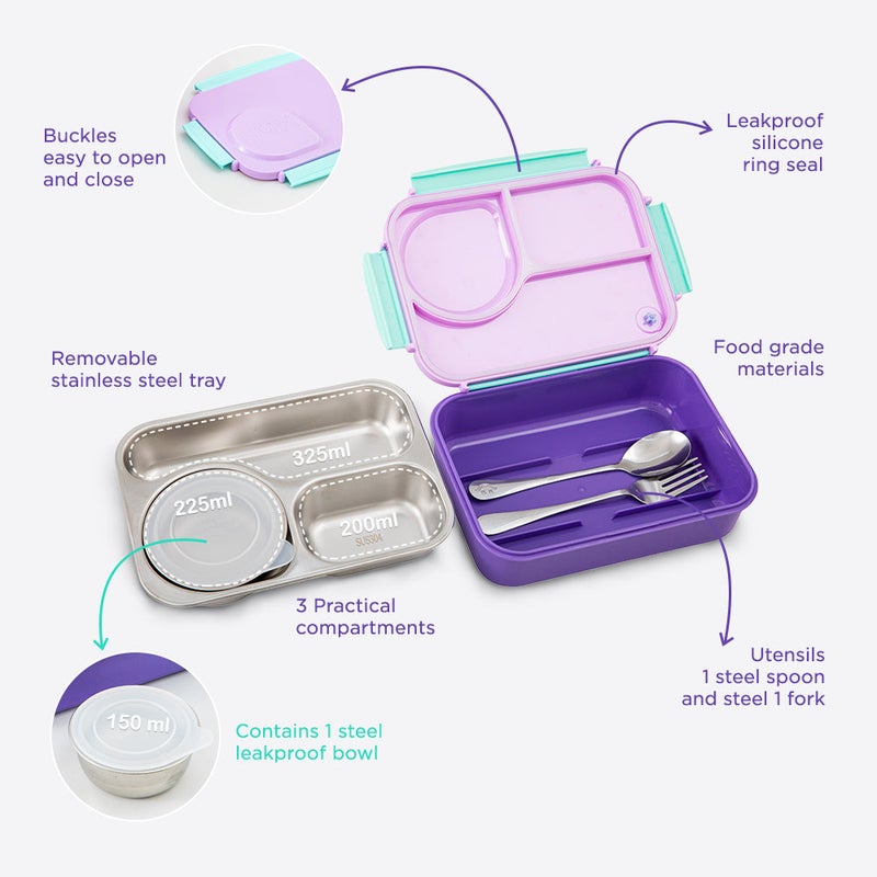 Hydrobrew Steel Core Lunch Box 750ml + 150ml Food Jar w/ cutlery, Stainless Steel, Leakproof - BERRY CREAM - Image 2