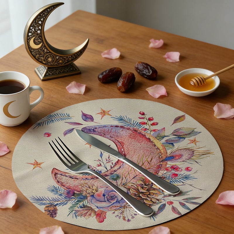 Islamic Moon Print Round Linen Placemats, Ramadan Eid Festival Table Decor Heat Resistant Mats, Durable Washable Dining Table Mats for Kitchen  Restaurant - Image 5
