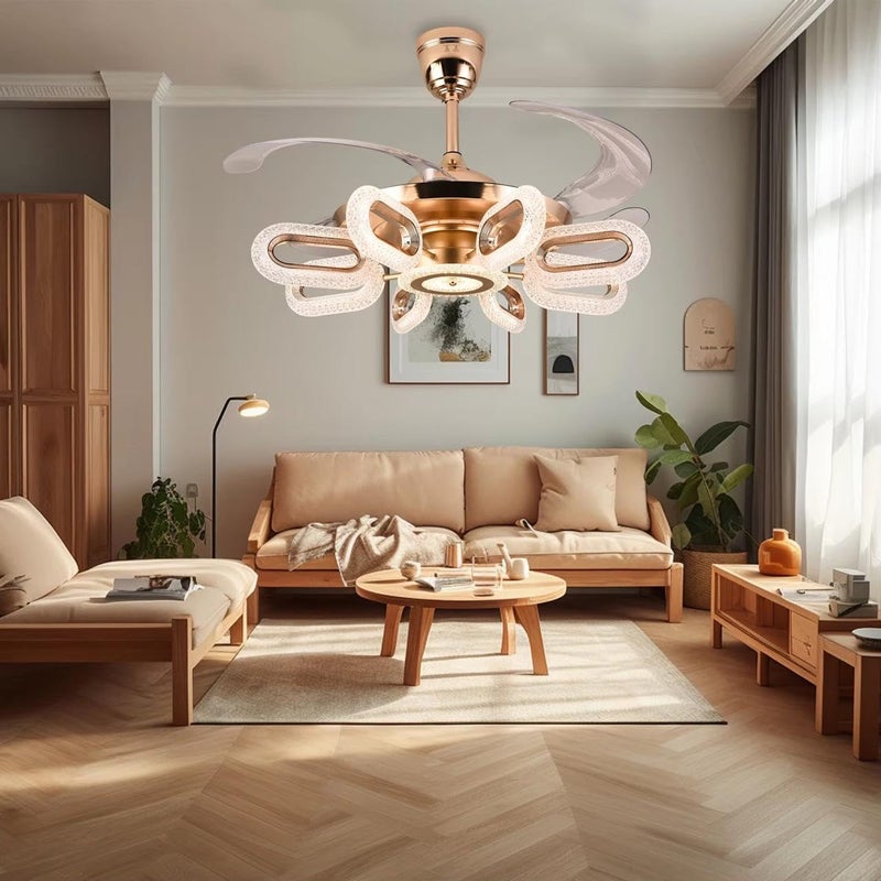 BLISSBELLS Modern LED Ceiling Fan with Crystal Light Gold Flower Design Retractable Blades Remote Control Dragonfly Wings Style Chandelier - Image 2