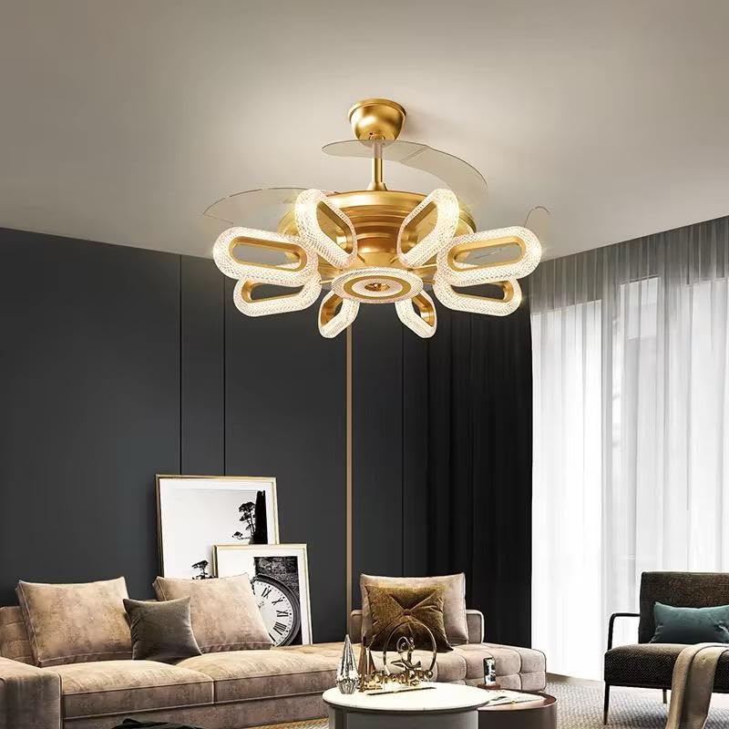 BLISSBELLS Modern LED Ceiling Fan with Crystal Light Gold Flower Design Retractable Blades Remote Control Dragonfly Wings Style Chandelier - Image 1