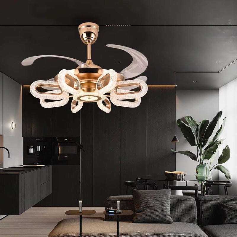 BLISSBELLS Modern LED Ceiling Fan with Crystal Light Gold Flower Design Retractable Blades Remote Control Dragonfly Wings Style Chandelier - Image 3