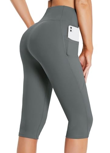 baleaf Women's Yoga Capri Pants Knee Length Leggings High Waisted Petite Casual Workout Exercise Capris with Pockets Gray M - Image 1