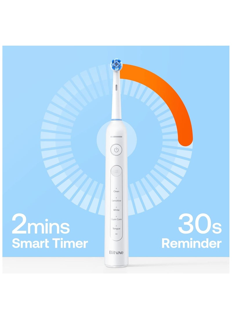 Bitvae R2 Rotating Electric Toothbrush for Adults with 8 Brush Heads, Travel Case, 5 Modes Rechargeable Power Toothbrush with Pressure Sensor, 3 Hours Fast Charge for 30 Days