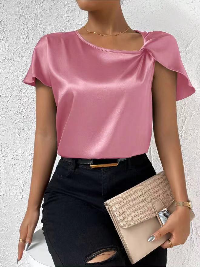 Satin Short Sleeve Satin Twisted Solid Color Loose llmatch Top For Women
