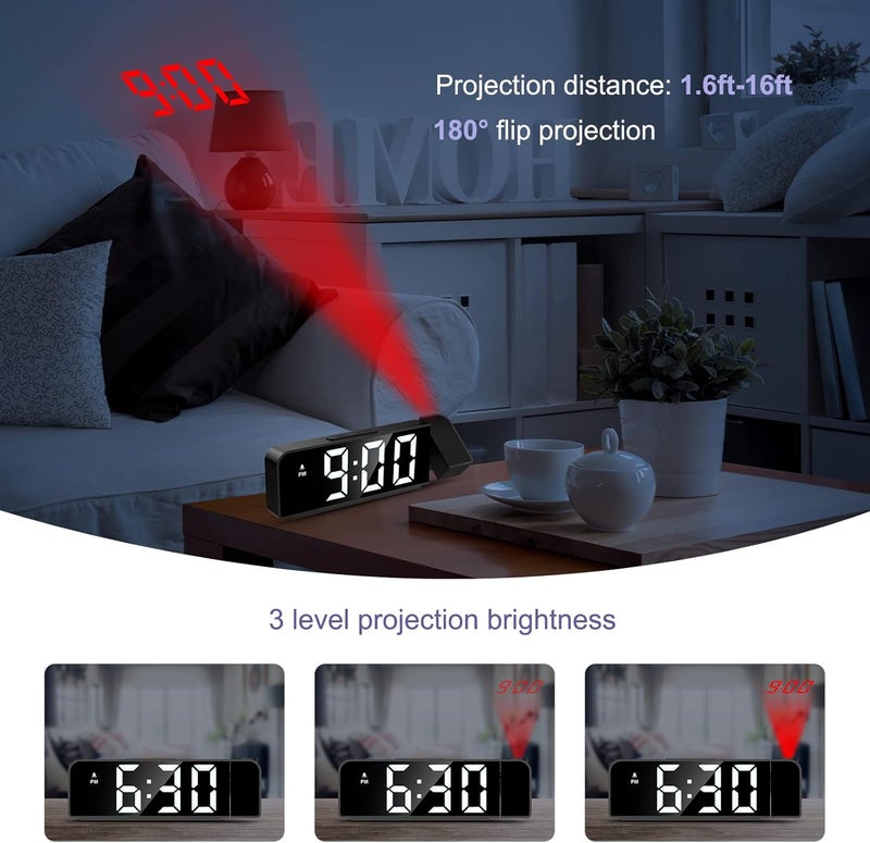 JXTZ Projection Alarm Clock, Alarm Clocks with Projection on Ceiling with 7.9" Large Display, LED Digital Clock with 4 Level Brightness, Snooze, Night Mode, Temperature, Clock for Bedroom Living Room - Image 5