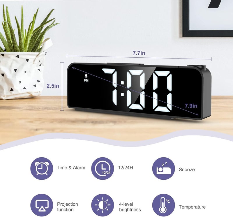 JXTZ Projection Alarm Clock, Alarm Clocks with Projection on Ceiling with 7.9" Large Display, LED Digital Clock with 4 Level Brightness, Snooze, Night Mode, Temperature, Clock for Bedroom Living Room - Image 2