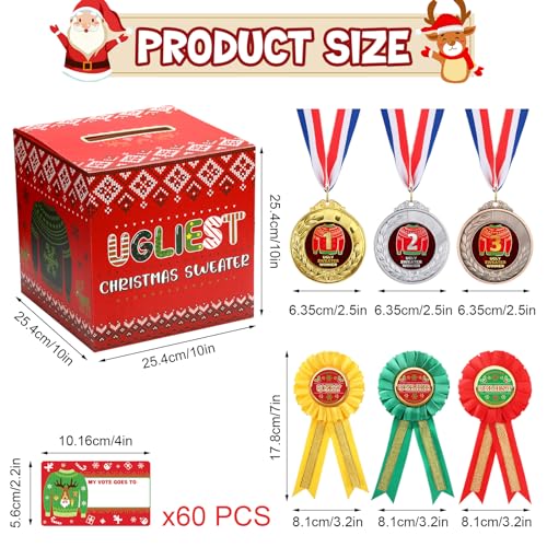 Cholemy 67 Pcs Xmas Ugly Sweater Sets Ugly Sweater Contest Voting Box 60 Ballot Cards 3 Award Ribbons and 3 Medals for Ugliest Contest Party Supplies - Image 3