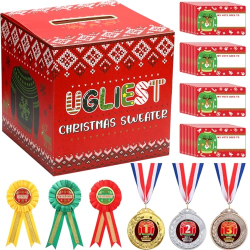 Cholemy 67 Pcs Xmas Ugly Sweater Sets Ugly Sweater Contest Voting Box 60 Ballot Cards 3 Award Ribbons and 3 Medals for Ugliest Contest Party Supplies - Image 1