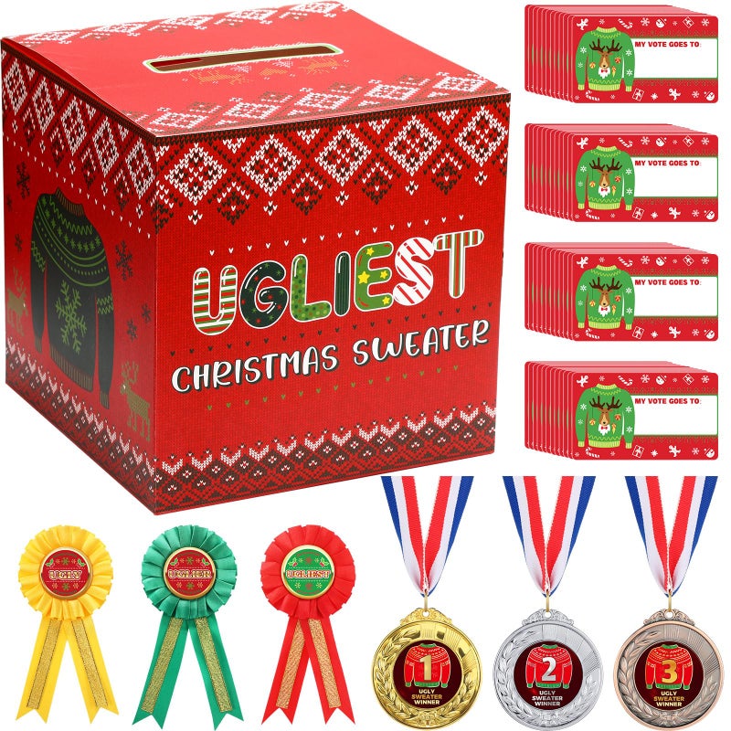 Cholemy 67 Pcs Xmas Ugly Sweater Sets Ugly Sweater Contest Voting Box 60 Ballot Cards 3 Award Ribbons and 3 Medals for Ugliest Contest Party Supplies - Image 2