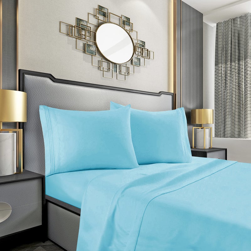 Mocassi Full Sheet Set Luxury Hotel 1800 Premier Bedding Sheets Pillowcases Ultra Soft Breathable Cooling Bed Sheets Deep Pocket Wrinkle Resistant 4 Piece Set Full Aqua Blue