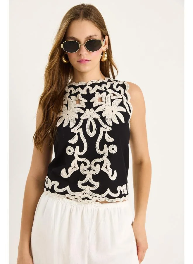 Ginger Monochrome Openwork Boho Top
