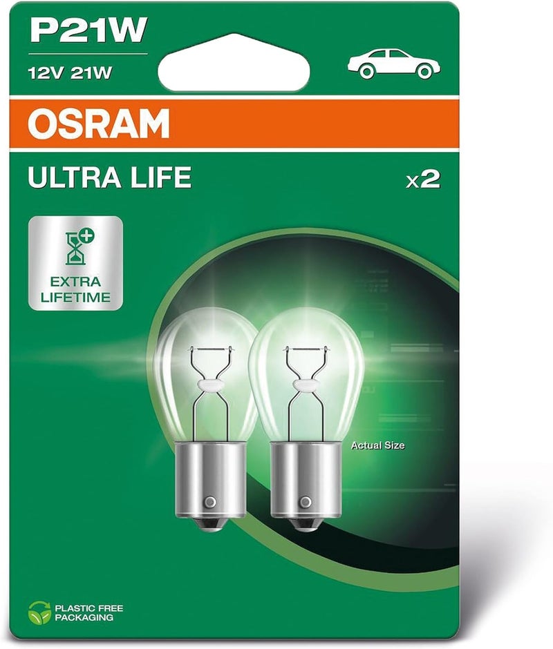 Ultra Life P21W Halogen Signal Lamp, Brake Light, Rear Fog Light, 7506ULT-2BL, 12 V Car, Double Blister Pack of 2, White