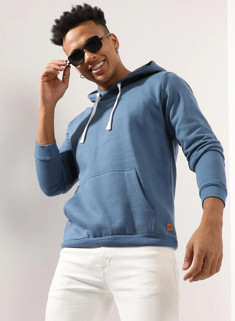 Campus Sutra Men's Blue Inspire Hoodie With Kangaroo Pocket