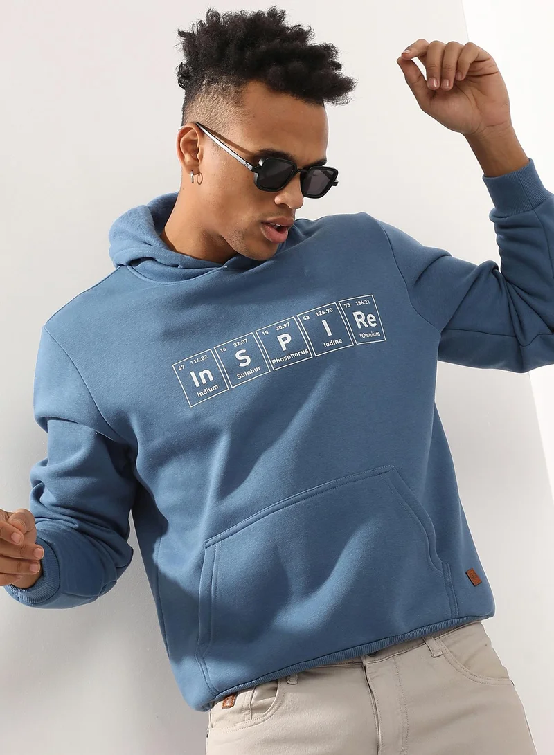 Campus Sutra Men's Blue Inspire Hoodie With Kangaroo Pocket